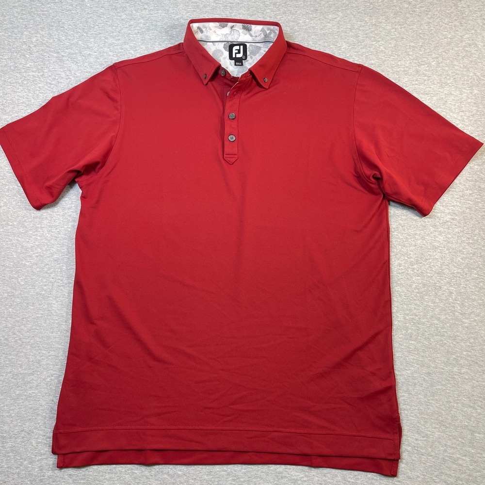 FootJoy Shirt Mens Large L Crimson Red Floral Trim Button Down Collar Golf Polo